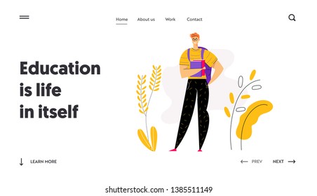 Happy Young Male Student Character with Books Landing Page. Educational Concept with Man with Backpack and Textbook Learning and Reading Banner, Website, Web Page. Vector flat cartoon illustration