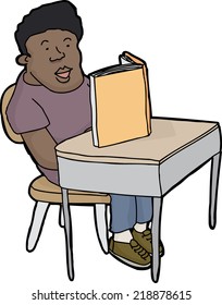 Happy young male student reading book at desk