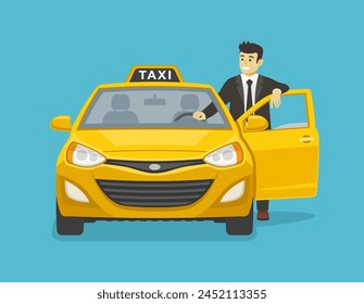 Happy young male taxi driver leaning on the open car front door. Isolated front view of a taxi car. Flat vector illustration template.