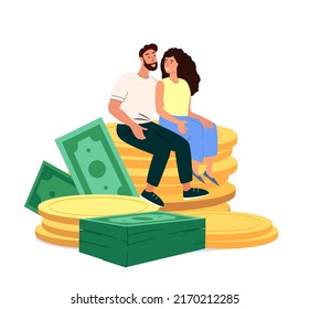 Happy Young Male,Female Characters Sitting On Huge Pile Of Golden Coins.Concept Of Financial Wealth,Pension Savings,Wealthy Retirement,Joyful Family.Financial Stability People Vector Illustration