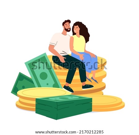 Happy Young Male,Female Characters Sitting on Huge Pile of Golden Coins.Concept of Financial Wealth,Pension Savings,Wealthy Retirement,Joyful Family.Financial Stability People Vector Illustration
