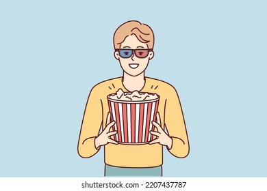 Happy young man in 3D glasses and popcorn in hands enjoy weekend in movie theater. Smiling guy with snack before film in cinema. Vector illustration. 