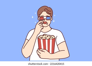 Happy young man in 3D glasses eating popcorn watching movie in cinema. Smiling male have snack enjoy film in theater on weekend. Entertainment. Vector illustration. 