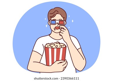 Feliz joven con gafas 3D comiendo palomitas de maíz viendo películas en el cine. Los hombres sonrientes tienen bocadillos para disfrutar de la película en el teatro el fin de semana. Entretenimiento. Ilustración vectorial.