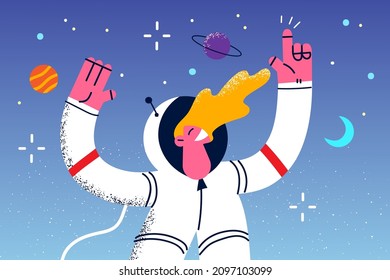 Happy young man astronaut in costume discover new horizons in open space. Smiling male spaceman or scientist fly in universe. Cosmos discovery and exploration. Science concept. Vector illustration. 