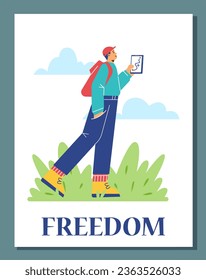 Happy young man with backpack enjoying a walk in nature, traveling with navigator. JOMO lifestyle. Vector flat freedom positive motivational poster. Joy of missing out, personal comfort