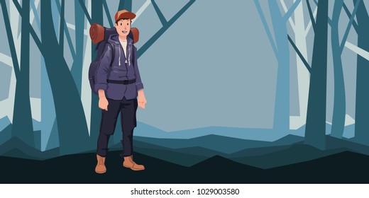 Happy young man with backpack in the forest. Hiking, active outdoor recreation. Vector illustration with copy space.