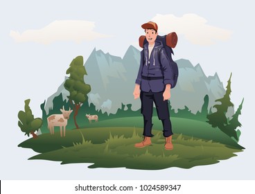 Happy young man with backpack on the background of the mountain landscape. Mountain tourism, hiking, active outdoor recreation. Vector illustration, isolated on light background.