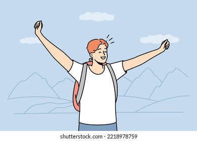 Happy young man with backpack stand on mountain peak with arms raised. Smiling guy feel excited with travel or nature tourism. Vector illustration. 