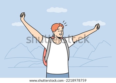 Happy young man with backpack stand on mountain peak with arms raised. Smiling guy feel excited with travel or nature tourism. Vector illustration. 
