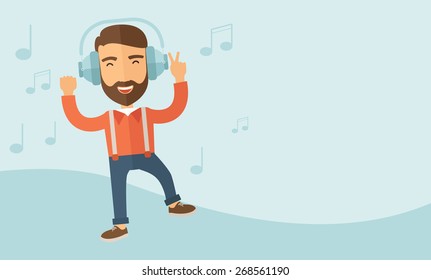 Happy young man with beard dancing, singing while listening to music with headphones showing the notes at his back. Happy concept. A contemporary style with pastel palette, soft blue tinted background