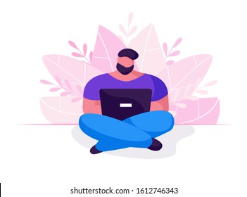 Happy young man with beard sitting in lotus position with crossed legs and using laptop isolated on leaf background. Concept of freelance, job search or study in modern flat style