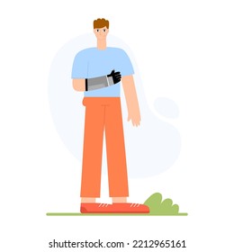 Happy Young Man With Bionic Arm Prosthesis. Person With A Physical Disability. Flat Vector Illustration