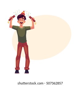 Happy young man in birthday hat with party poppers in his hands, cartoon vector illustration with space for text. 