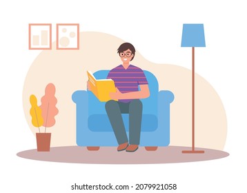 Happy young man or boy reading paper Book. Smiling reader or student character with book. Education, literature, knowledge flat or cartoon vector illustration.
