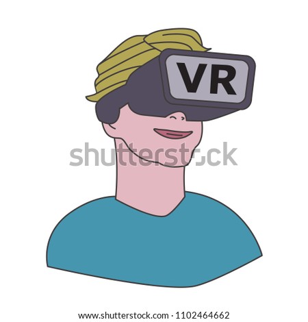 happy young man or boy  in VR, wearing Virtual Reality glases, cartoon style color vector Icon 