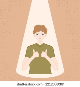 A happy young man brings light into his inner world. Self care, self acceptance. The concept of introspection and self acceptance. Vector illustration