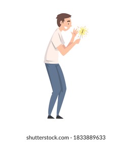 Happy Young Man with Burning Sparkler, Guy Celebrating Holidays Cartoon Style Vector Illustration