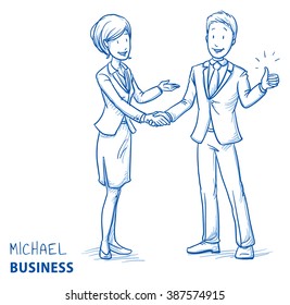 Happy young man in business clothes showing thumb up and shaking hands with a business woman. Hand drawn line art cartoon vector illustration.