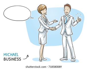 Happy young man in business clothes showing thumb up and shaking hands with a business woman. Hand drawn cartoon sketch vector illustration, whiteboard marker style coloring. 