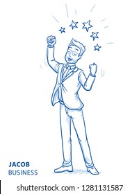 Happy young man in business suit making winning gesture with stars around him, concept for best, success. Hand drawn blue line art cartoon vector illustration. 