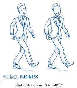 Happy young man in business suit walking, in two emotions, happy and angry. Hand drawn line art cartoon vector illustration.