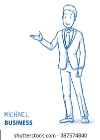 Happy young man in business suit holding hand as if explaining or presenting something (e.g product). Hand drawn line art cartoon vector illustration.