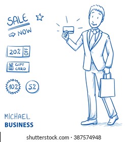 Happy young man in business suit with bag and shopping or credit card. Hand drawn line art cartoon vector illustration.