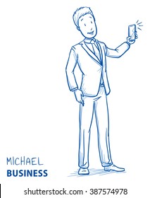 Happy young man in business suit taking a photo with his mobile phone. Hand drawn line art cartoon vector illustration.