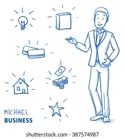 Happy young man in business suit holding hand up for presenting something (with icons for product packaging, house, idea, card, money, star). Hand drawn line art cartoon vector illustration.