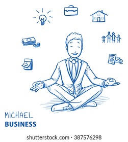 Happy Young Man In Business Suit Sitting In Yoga Pose With Icons Of Easily Organizing Life, Business And Family Around Him. Hand Drawn Line Art Cartoon Vector Illustration.