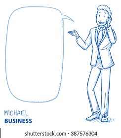 Happy young man in business suit talking on the phone with speech bubble. Hand drawn line art cartoon vector illustration.