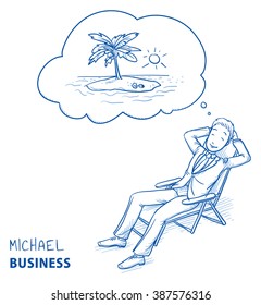 Happy young man in business suit relaxing in a deck chair dreaming of summer holiday with thought bubble. Hand drawn line art cartoon vector illustration.