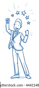 Happy young man in business suit making winning gesture with stars around him, concept for best, success. Hand drawn line art cartoon vector illustration.