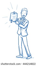 Happy young man in business suit showing his certificate, diploma, award. Hand drawn line art cartoon vector illustration.
