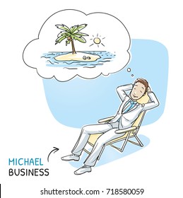 Happy young man in business suit relaxing in a deck chair dreaming of summer holiday with thought bubble. Hand drawn cartoon sketch vector illustration, whiteboard marker style coloring. 