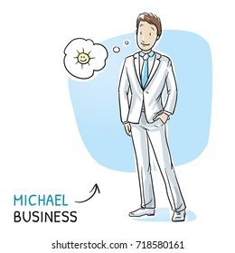 Happy young man in business suit in good mood with sun in a thought bubble. Hand drawn cartoon sketch vector illustration, whiteboard marker style coloring. 