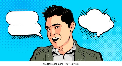 Happy young man, businessman says. Cartoon vector illustration, drawn in pop art retro comic style