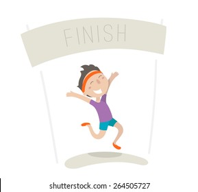 Happy young man came to the finish line first. Flat illustration, vector image.