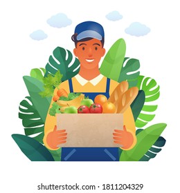 Happy young man carrying grocery items work at farmers market flat cartoon isolated on white background. Family business and agriculture concept vector illustration