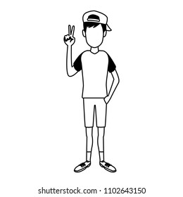 Happy young man cartoon in black and white