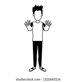 Happy young man cartoon in black and white