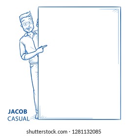 Happy young man in casual clothes peering behind a wall pointing to it Mock up for advert, offer, invitation. Hand drawn blue line art cartoon vector illustration.