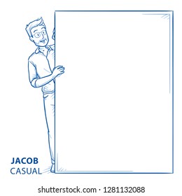 Happy young man in casual clothes peering behind a wall. Mock up for advert, offer, invitation, announcement. Hand drawn blue line art cartoon vector illustration.