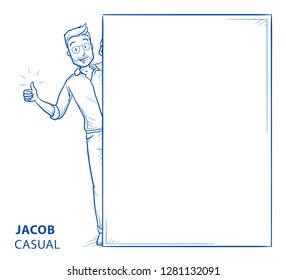 Happy young man in casual clothes peering behind a wall showing thump up. Mock up for advert, offer, invitation, announcement. Hand drawn blue line art cartoon vector illustration.