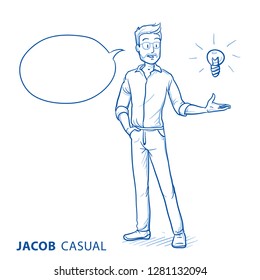 Un joven feliz con ropa informal agarrándose de la mano por presentar una idea o solución (con ícono para la idea).  Dibujo de la línea azul dibujado a mano ilustración vectorial.