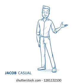 Happy young man in casual clothes holding hand up for presenting, showing or explaining something. Hand drawn blue line art cartoon vector illustration.