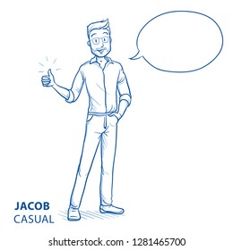 Happy young man in casual clothes showing thumb up with speech bubble. Hand drawn blue line art cartoon vector illustration. 