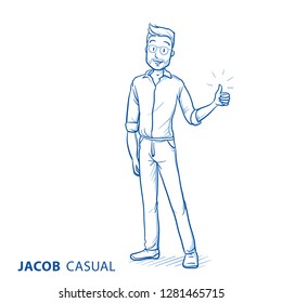 Un joven feliz con ropa casual que muestra el pulgar hacia arriba, recomendando algo.  Dibujo de la línea azul dibujado a mano ilustración vectorial. 