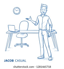 Happy young man in casual clothes presenting a workplace. Concept for job offer, hiring, perfect workspace or recruiting. Hand drawn blue line art cartoon vector illustration. 